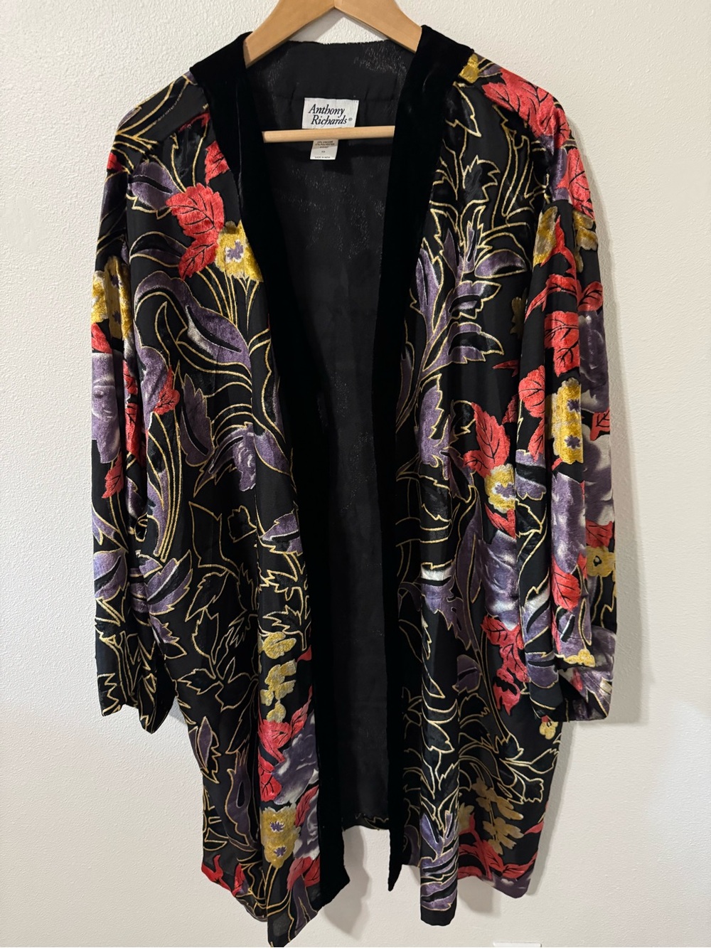 Anthony Richards Burnout Velvet Kimono Asian Floral 3/4 Sleeve Longline-OS